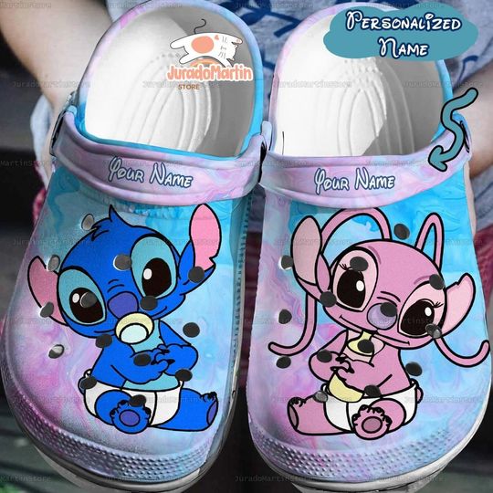 Personalized Stitch And Angel Clogs, Stitch And Angel Casual Shoes, Stitch And Angel Lovers Stitch And Angel, Couple Gift