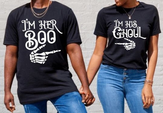 Halloween Couple Shirt Funny Halloween Sweatshirt Spooky Season Tee Im Her Boo and I'm His Ghoul Matching Shirts Skeleton Hands His and Her