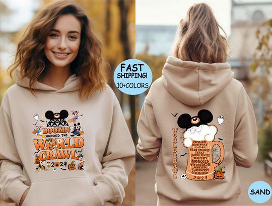 Boozin'Around the world crawl 2024 Halloween Sweatshirt, Disney drinking around the world Epcot shirt, Epcot Food and Wine Drinking Hoodie