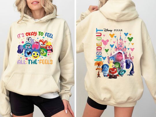 Two-sided Disney Inside Out  Hoodie, Inside Out Checkered Hoodie, Inside Out Characters, It's Okay To Feel All The Feels, Joy Sadness Fear