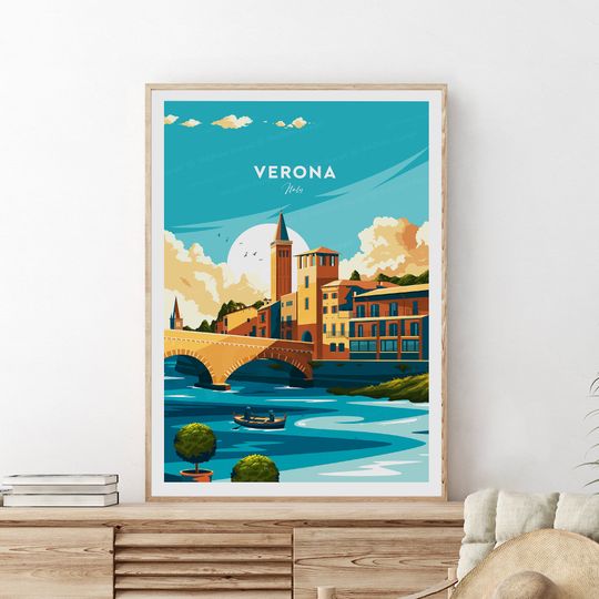 Verona traditional travel print - Italy, Verona poster, Verona artwork, Birthday present, Wedding Gift