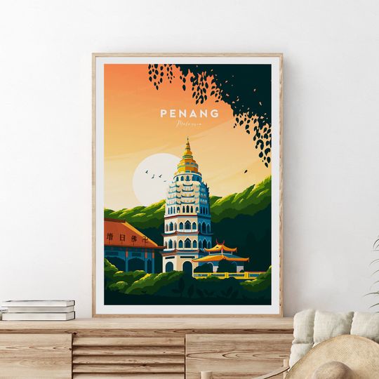 Penang traditional travel print - Malaysia, Malaysia poster, Penang print, Wedding gift, Birthday present