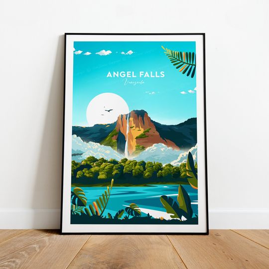 Angel Falls traditional travel print - Venezuela, Angel Falls poster, Wedding gift, Birthday present