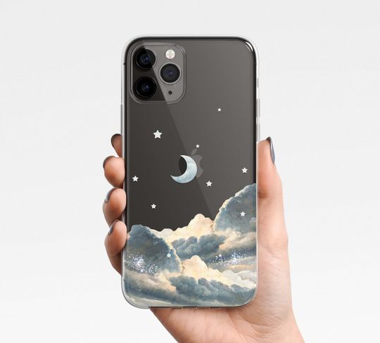 Moon Clouds Aesthetic Phone Case for iPhone Clear Case TPU Hybrid painting, star