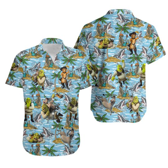 Disney Shrek Cotton Hawaiian Shirt, Funny Shrek and Donkey Aloha Vacation Button Up Shirt