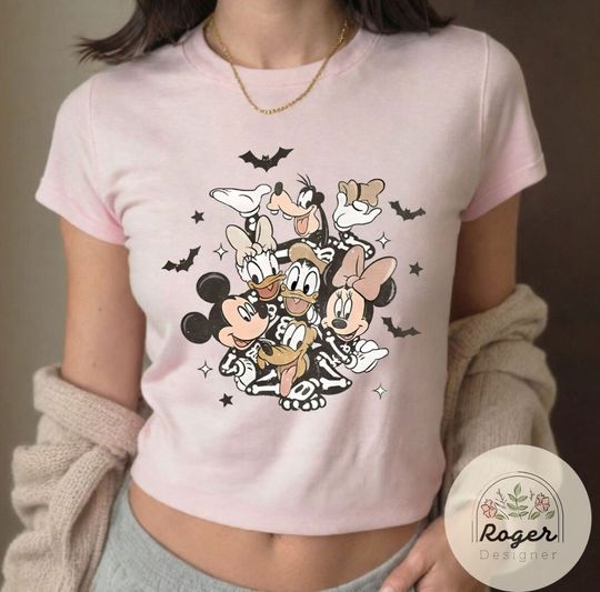 Halloween Mickey & friends skeleton pumpkin Baby tee, WDW Disneyland Spooky season Halloween Baby Tee womens T-shirt, Girls trip tee