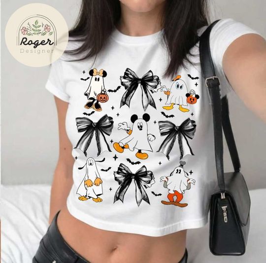 Coquette bows Mickey & friends ghost Halloween Baby tee, Cute Ghost Disney Halloween Baby Tee womens shirt, Spooky season girls trip
