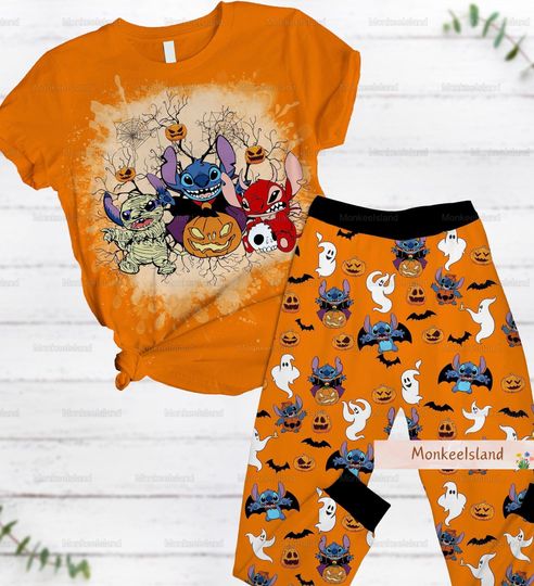 Stitch Horror Halloween Pajamas, Disneyland Halloween Shirt, Stitch Ghost Pajamas Set, Disney Spooky Season Pj Set, Halloween Gift