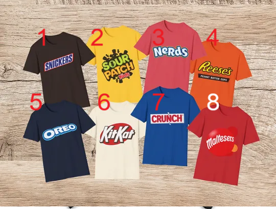Fun Chocolate Candy Halloween Tshirt Outfit gift, unique funny team family school sweets-themed trick or treat fall shirt, matching tees