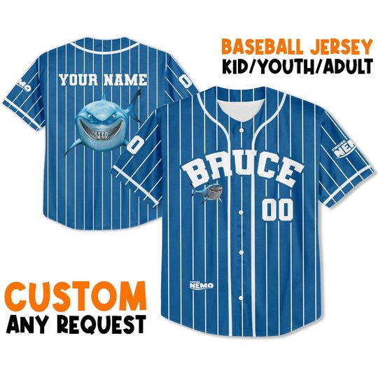 Personalize Finding Nemo Bruce Blue Shark Baseball Jersey, Disney Birthday Gift