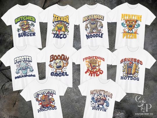 Discover Personalized Food Monsters Group Halloween Tshirts, Matching Favorite Food Family Reunion Spooky Season Shirt, Custom Witchy Party Apparel
