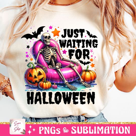 Discover Just Waiting for Halloween Shirt, Funny Halloween Shirt, Spooky Summer Halloween Shirt, Cute Clipart, Skeleton Shirt