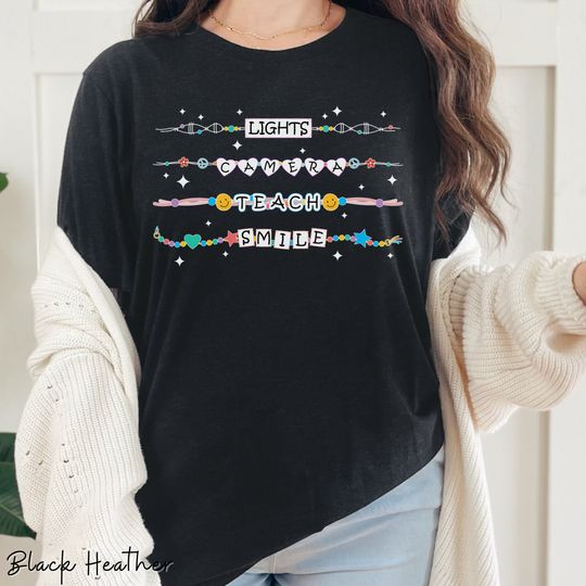 Discover Lights Camera Teach Smile Shirt, Teacher Friendship Bracelet Shirt, Groovy Teacher Tee, Gift Idea for Teacher, Back to School, Dot Day
