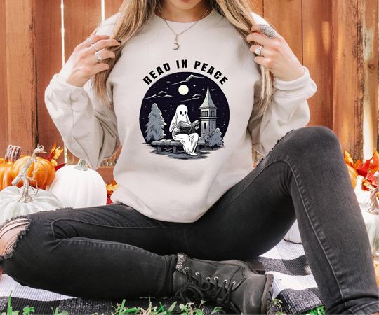 Discover Halloween Read In Peace Sweatshirt, Halloween Ghost Reading Sweatshirt, Funny Halloween Shirt, Book Lover Halloween Gift, Spooky Season