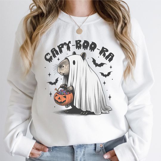 Discover Capy-Boo-Ra Halloween Sweatshirt, Trick Or Treat Capybara Shirt, Halloween Vibe T-Shirt, Spooky Season Tee, Halloween Ghost Sweater