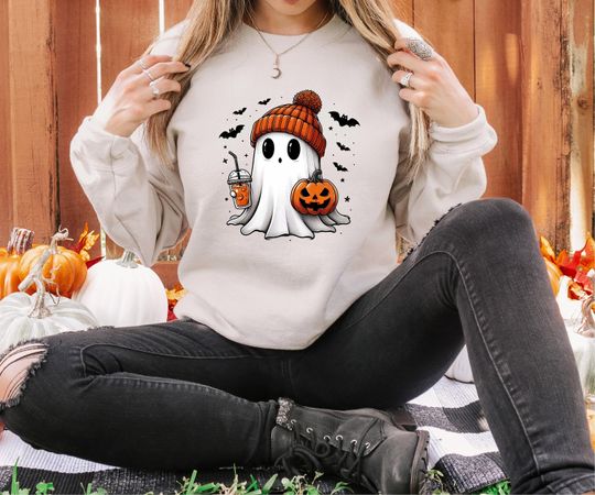 Discover Halloween Cute Ghost Sweatshirt, Funny Halloween Shirt, Pumpkin Spice Sweatshirt, Halloween Women's Party Gift, Fall Sweater, Spooky Season