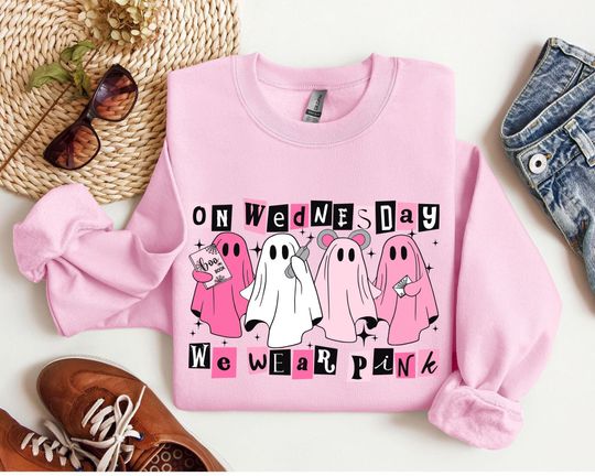 On Wednesday We Wear Pink Halloween Sweatshirt, Cute Pink Ghost T-Shirt, Mean Girls Halloween Tee, Boo Book Halloween Sweater