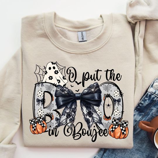 I Put The Boo In Boujee Sweatshirt, Boo-Jee Ghost Sweater, Coquette Halloween Shirts, Gothic Bow Halloween Sweatshirt, Pumpkin Bow Sweater