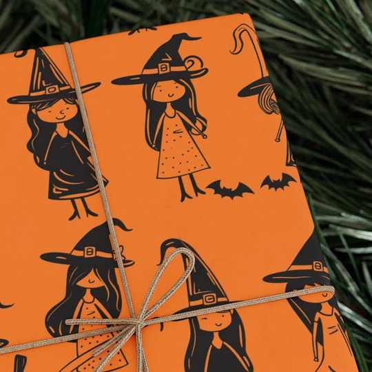 Discover Little Witch Wrapping Paper - Little Witches Preparing for All Hallows Eve! - Cute Halloween Wrapping Paper