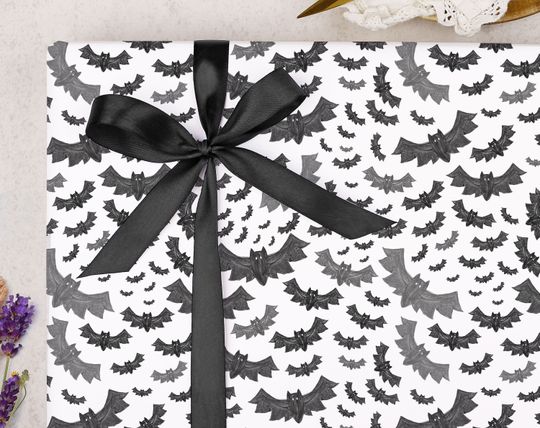 Discover Gothic Wrapping Paper for Halloween | Bat Gift Wrap Spooky Bats | FOLDED single sheet wrap in a beautiful matt finish with optional ribbon