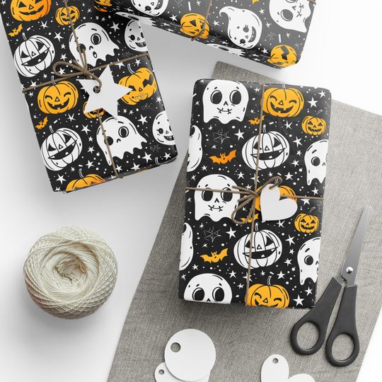 Discover Halloween Wrapping Paper, Pumpkins, Ghost, Gift paper, Spooky Wrapping Paper