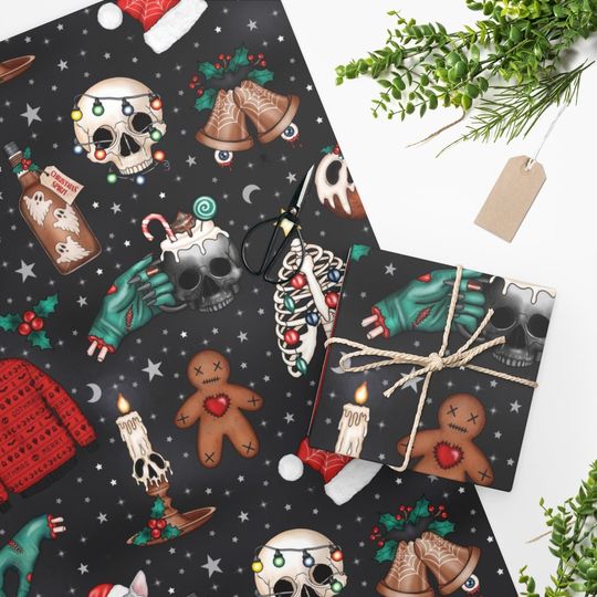 Discover Spooky Wrapping Paper, Spooky Christmas Wrapping Paper, Skull Goth Christmas, Goth Christmas, Black Christmas Wrapping Paper