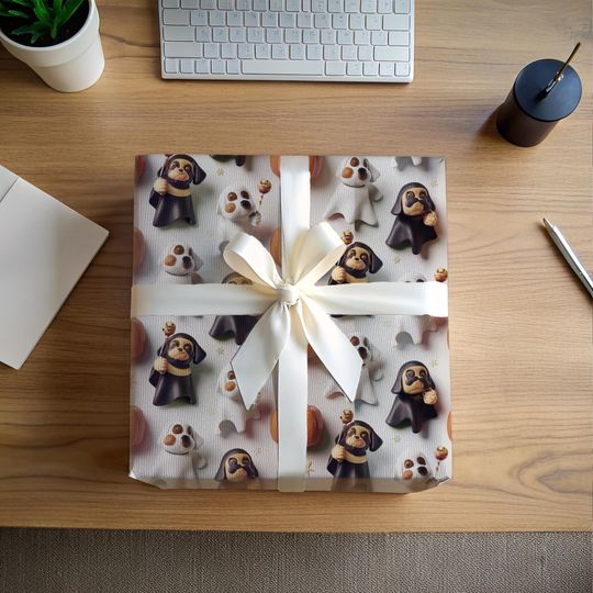 Discover Halloween Ghost Puppy Seamless Gift Wrap | Cute Retro-Style Wrapping Paper for Halloween | Spooky Puppy Gift Wrap for Kids & Pet Lovers