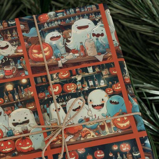 Discover Funny Halloween Wrapping Paper - Ghost Wrapping - Anime Wrappiing Paper - Anime Halloween, Anime Ghosts and Jack o Lanterns at a Tavern!