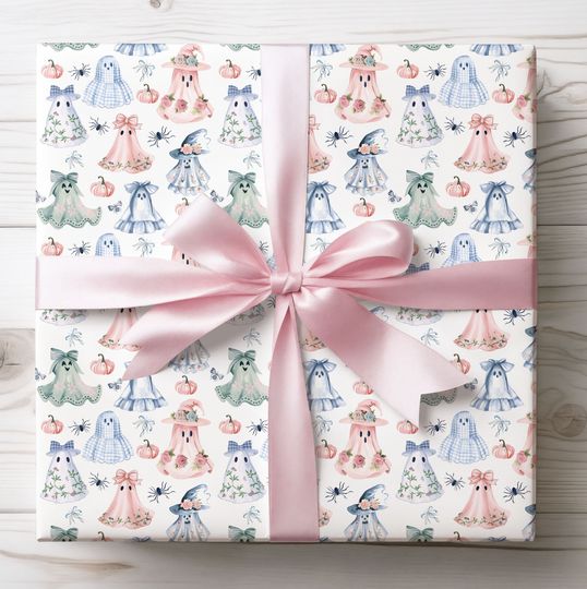 Preppy Grandmillennial Ghost Halloween Wrapping Paper, Halloween Ghost Gift Wrap, Pumpkin, Spider Gift Wrap, Gift Paper For Halloween Gifts