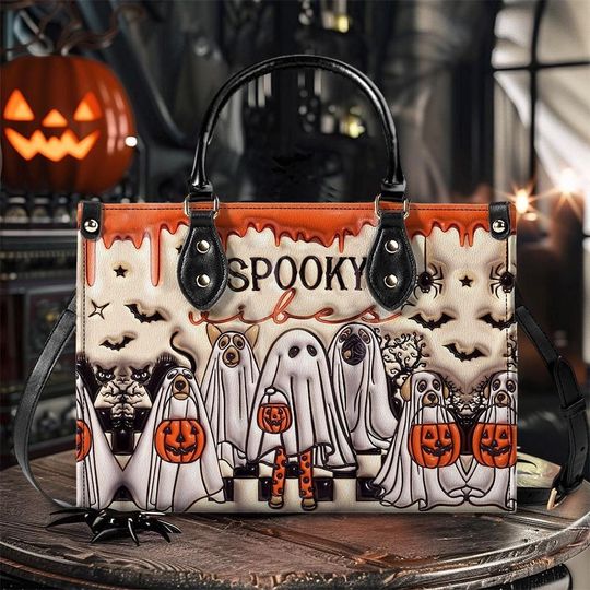 Discover Spooky Vibes Print 3D Effect Leather Handbag With Handle, Spooky Dog Ghost Bags, Wallet, Print 3D Halloween Bags, Dog Lover Gift