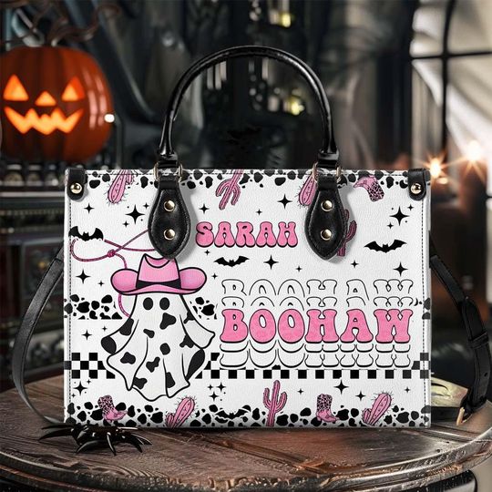 Discover Spooky Western Cowboy Leather Handbag With Handle, Halloween Howdy Ghost Bags, Spooky Western Halloween Bags, Boo Haw Halloween Gift