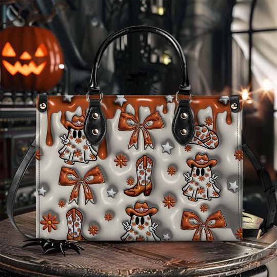 Discover Western Cowboy Print 3D Effect Leather Handbag With Handle, Halloween Howdy Ghost Bags, Spooky Western Halloween Bags, Coquette Bow Handbags