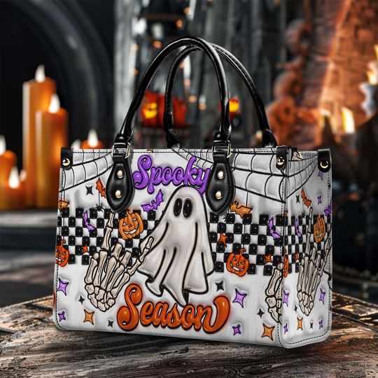 Discover Spooky Vibe Print 3D Effect Leather Handbag With Handle, Ghost Pumpkin Bags, Wallet, Print 3D Halloween Bags, Trick Or Treat Halloween Bags