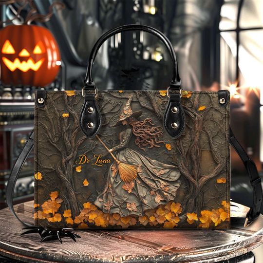 Discover Witch Print 3D Relief Art Handbag With Handle, Spooky Halloween Bags, Trick Or Treat Halloween Bags, Witchy Gothic Bags