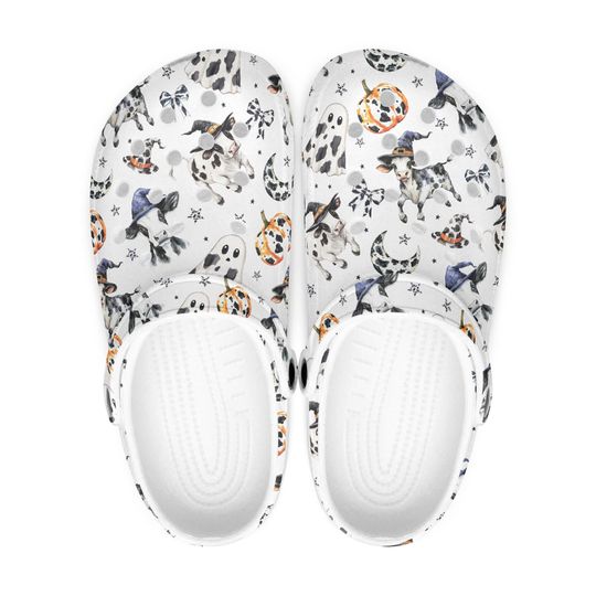 Funny Ghost Women and Men Clogs, Lightweight Garden Shoes with Halloween Cow Pattern, Pumpkin Design, Farm Clogs for Outdoor