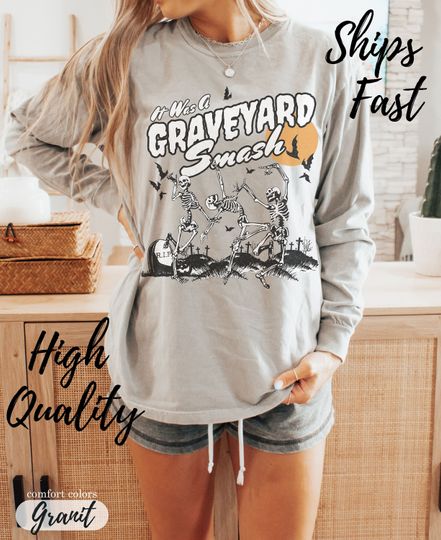 Retro Halloween Shirt Dancing Skeleton Shirt Comfort Colors Long Sleeve Halloween Shirt Trendy Fall Spooky Season Tee Graveyard Smash Shirt