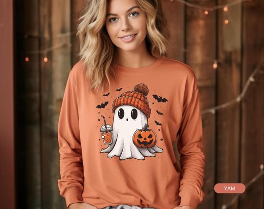 Discover Halloween Ghost Comfort Colors Long Sleeve Shirt, Cute Ghost Shirt, Womens Halloween Shirt, Cute Fall Shirt