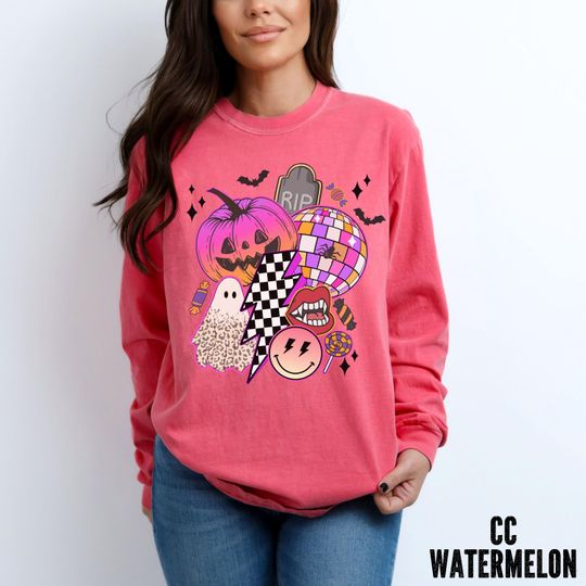 Comfort Colors Retro Halloween T-shirt, Long Sleeve Fall Shirt, Groovy Halloween Shirt, Leopard Ghost Tee, Checkered Lightning Bolt T-shirt