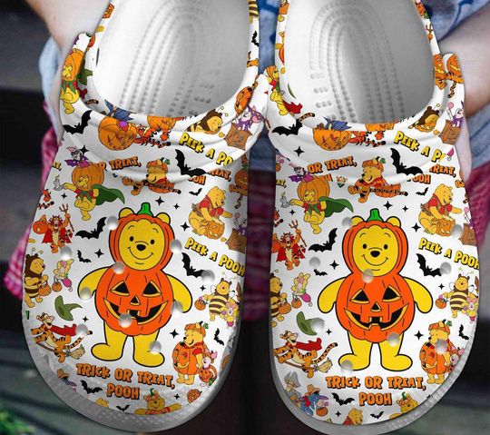 Winnie The Pooh Trick Or Treat Halloween Pattern Clogs, Disney Winnie Pooh Shoes, Kid/Adult Sandals Slippers