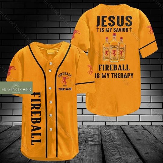 Custom Fireball Baseball Shirt, Fireball Is My Therapy Jersey Shirt, Whiskey Lovers Shirt, Alcohol Baseball Uniform, Shirt For Men