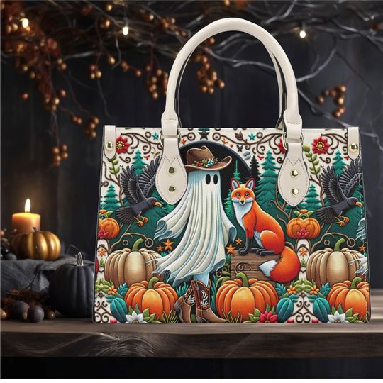 Discover Halloween shoulder bag cowgirl whimsical Ghost red fox crow raven bird Pumpkin vegan leather