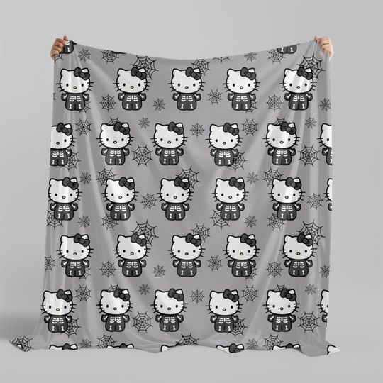 Gray Halloween Sanrio Kitty Blanket | Hello Kitty Skeleton Spider | Teen Girl | Fall Decor | College Dorm Room | Spooky Basket Gifts