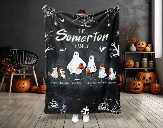Discover Personalized Halloween Ghost Family Blanket, Custom Family Portrait with Pets Bedding Decor, Family Portrait Fleece , Halloween Blanket
