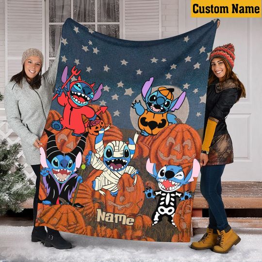 Custom Name Halloween Stitch Blanket, Stitch Mummy Blanket, Pumpkin Halloween Blanket, Malecifent Stitch Blanket, Autumn Halloween Blanket