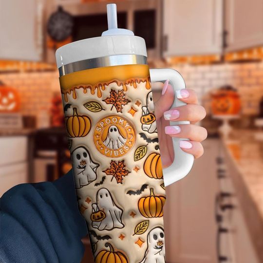 Discover Spooky Vibe Print 3D Effect 40 Oz Tumbler, Ghost Pumpkin Tumbler, Print 3D Halloween Tumbler, Trick Or Treat Halloween Tumbler, Ghost Cup