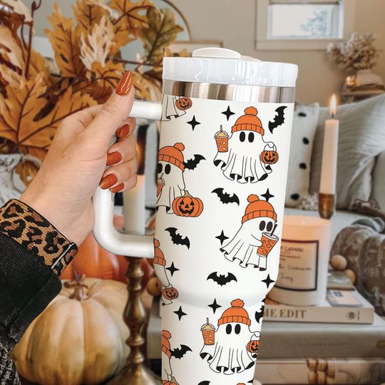 Discover Halloween Cute Ghost Drinking 40oz Tumbler, Spooky Iced Coffee Stainless Steel Cup, Halloween Insulated Cup Ghost Drinking Coffee Lover