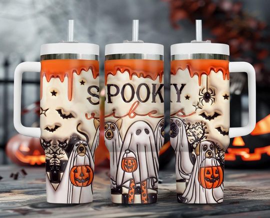 Discover Spooky Vibe Print 3D Effect 40 Oz Tumbler, Spooky Ghost Dog Tumbler, Print 3D Halloween Tumbler, Halloween Gift for Dog Lover, Ghost Cup
