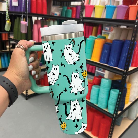 Discover Halloween Ghost Cat 40oz Tumbler, Cute Black Cat Stainless Steel Tumbler, Insulated Cup Cat Mom Gift, Fall Tumbler Cat Lover Gifts