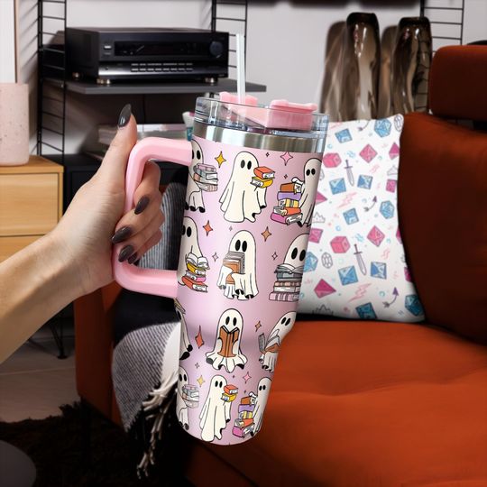 Discover Halloween Book Lover Tumbler 40oz, Cute Ghost Reading Cup, Spooky Tumbler for Book Lover, Bookish Ghostie Cup Halloween, Tumbler 40oz