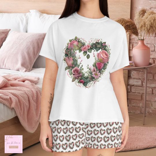 Pajama set, valentines pjs, floral heart shirt, couple pyjamas, pyjama set, holiday pyjama, pink roses